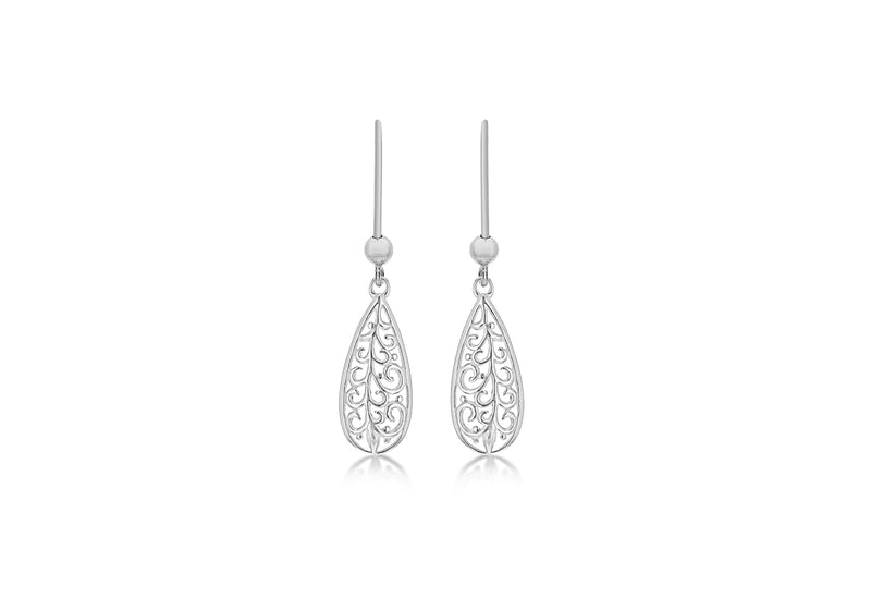 Sterling Silver Rhodium Plated Filigree Teardrop Earrings