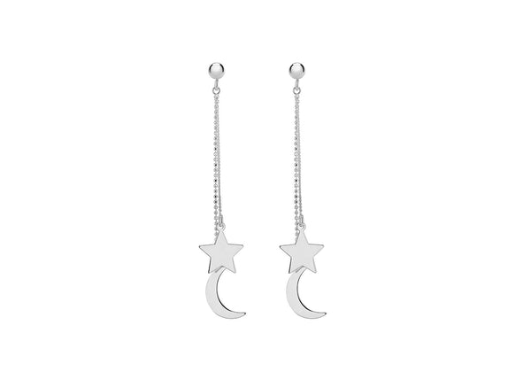 Sterling Silver Moon & Star Curb and Diamond Cut Ball Chain Drop Earrings