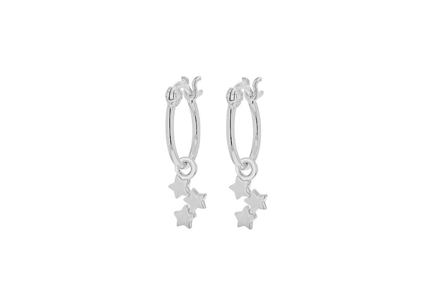 Sterling Silver Rhodium Plated Triple-Star Drop 13mm Creole Hoop Earrings