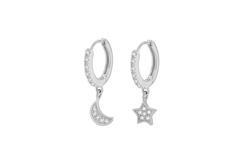 Sterling Silver Rhodium Plated Zirconia  Star and Moon 13.9mm Hoop Creole Earrings