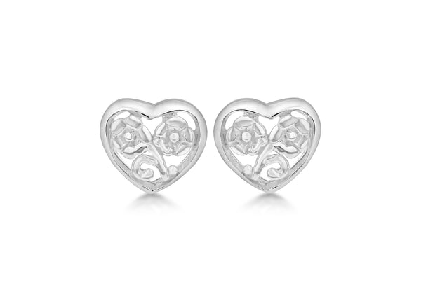 Sterling Silver Flower Heart Stud Earrings 