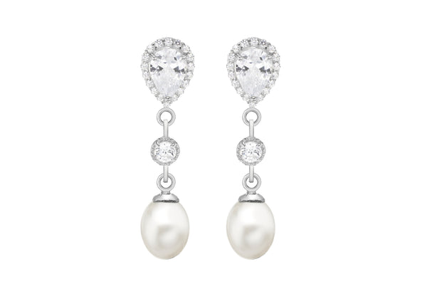 Sterling Silver Fresh Water Pearl and Zirconia  Stone Set Drop Earrings