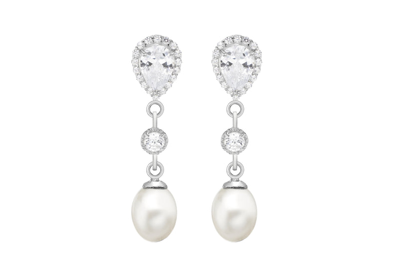 Sterling Silver Fresh Water Pearl and Zirconia  Stone Set Drop Earrings