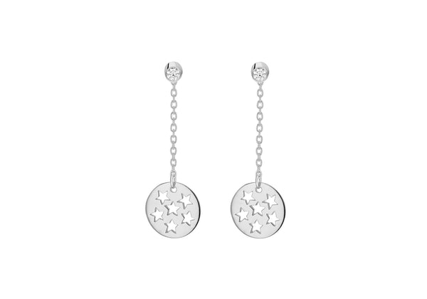 Sterling Silver Zirconia  9.8mm x 30.4mm Chain & CutoCut-Stars-Disc Jacket Earrings