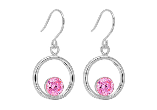 Sterling Silver Pink Zirconia  Circle Drop Earrings