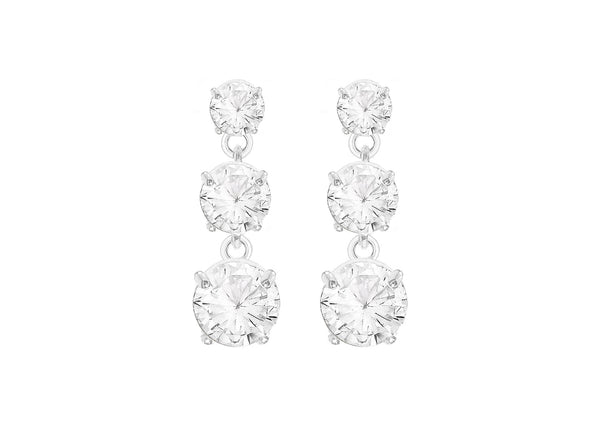 Sterling Silver Triple Zirconia  6mm x 17.5mm Drop Earrings