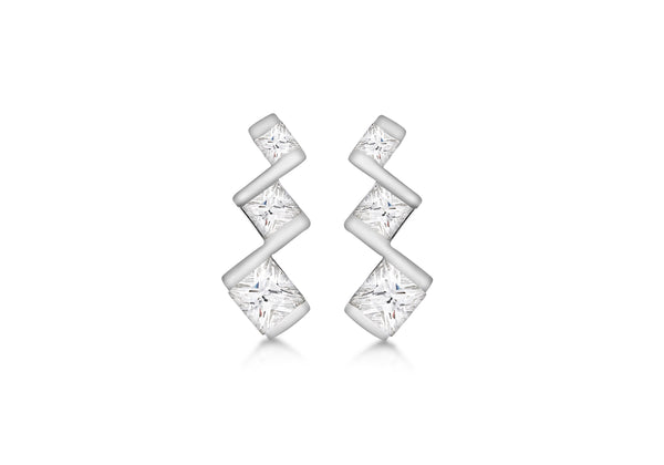 Sterling Silver Zirconia  Tripple Square Drop Earrings