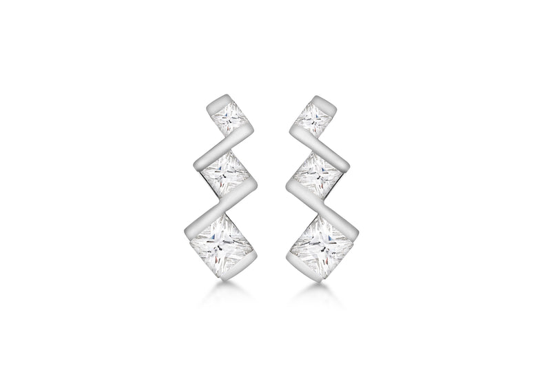 Sterling Silver Zirconia  Tripple Square Drop Earrings