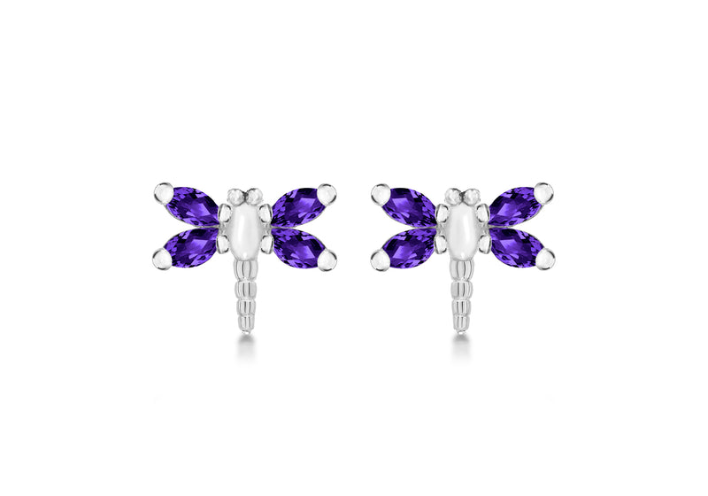 Sterling Silver Amethyst Stone Set Dragonfly Stud Earrings