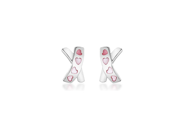 Sterling Silver Pink Mother of Pearl Heart Kiss Stud Earrings