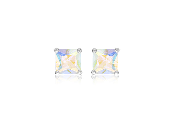 Sterling Silver 8mm x 8mm Square Aurora Borealis Zirconia  Stud Earrings