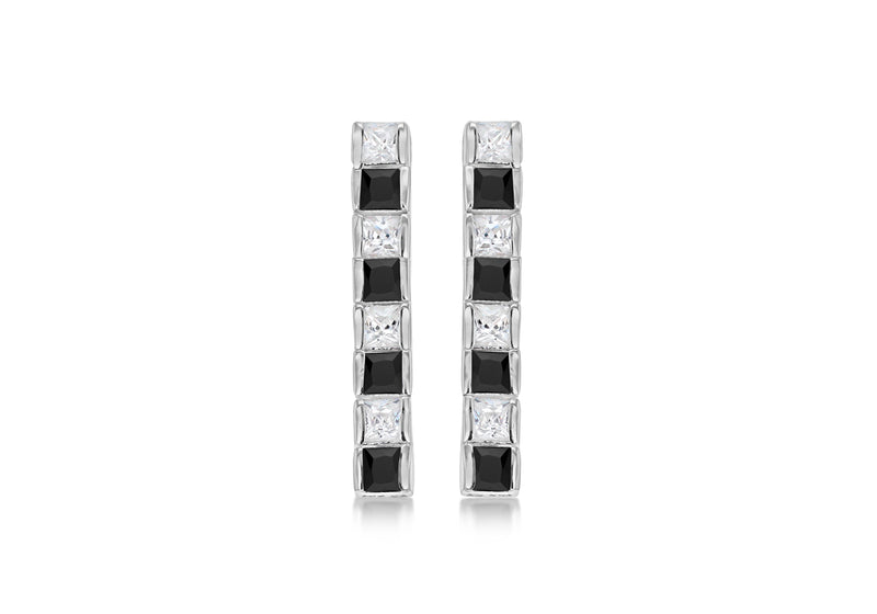 Sterling Silver Black & White Zirconia Set Tennis Drop Earrings