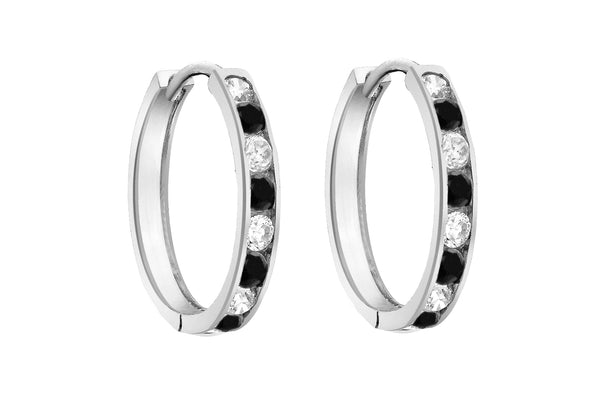 Sterling Silver Black and White Zirconia Channel Set Hoop Earrings