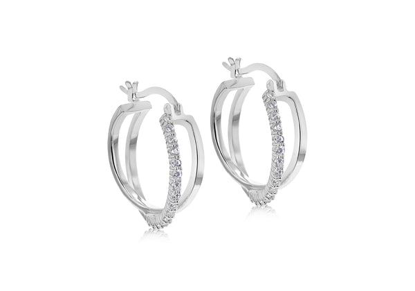 Sterling Silver White Stone Set Double Hoop Earrings