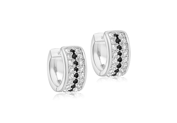 Sterling Silver Oval Black & White Zirconia Stone Set Huggy Earrings