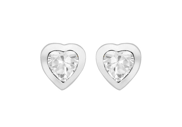 Sterling Silver White Zirconia Heart Stud Earrings 