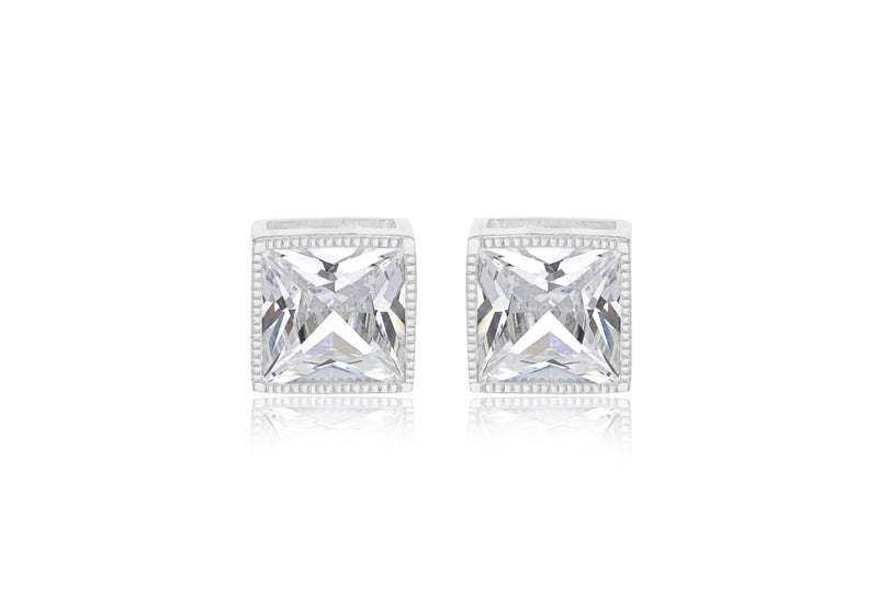 Sterling Silver White Zirconia Square Stud Earrings