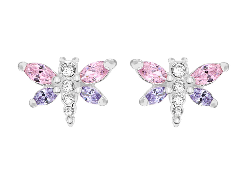 Sterling Silver Pink and Purple Zirconia Dragonfly Stud Earrings 