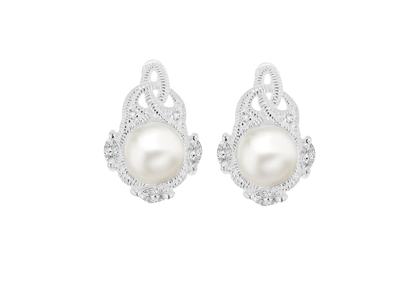 SILVER SWIRL Zirconia  & PEARL EARRIN9