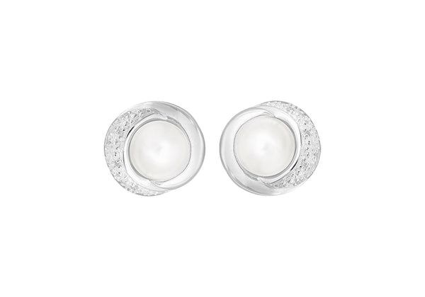 Sterling Silver Pearl and Zirconia  13.6mm x 13mm Stud Earrings