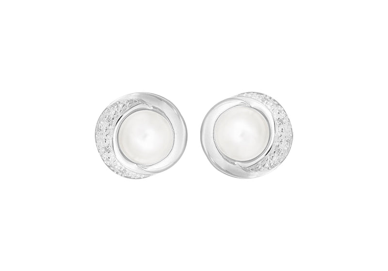 Sterling Silver Pearl and Zirconia  13.6mm x 13mm Stud Earrings