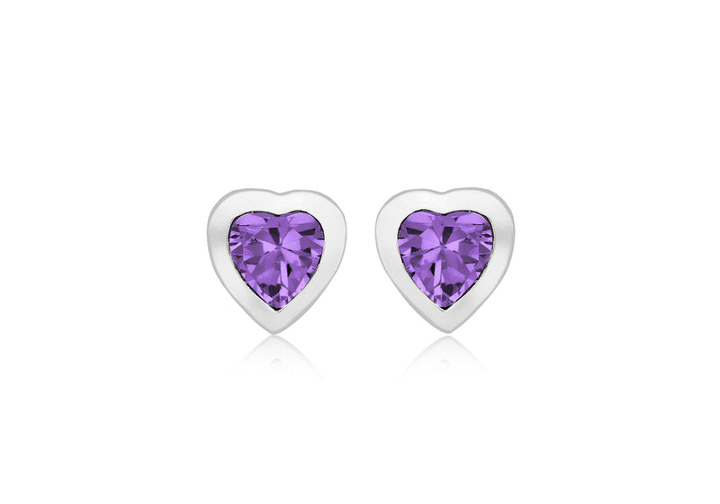 Sterling Silver Rhodium Plated Purple Amethyst Zirconia Heart Stud Earrings 