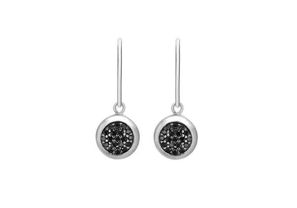 Sterling Silver Rhodium Plated Pave Set Black Zirconia Disc Drop Earrings