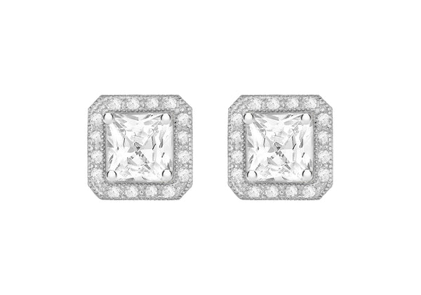 Sterling Silver Rhodium Plated Zirconia Square Stud Earrings