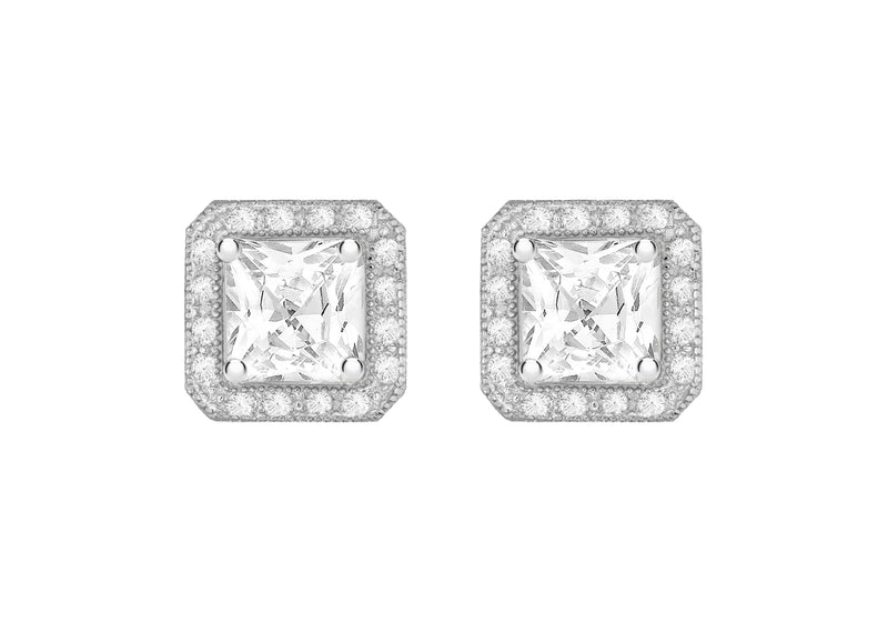 Sterling Silver Rhodium Plated Zirconia Square Stud Earrings