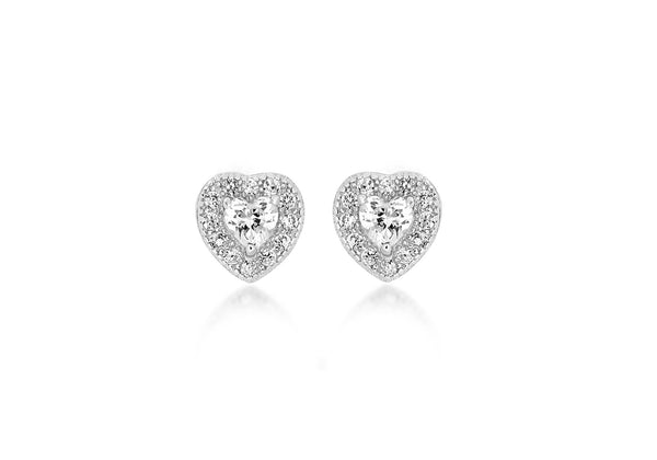 Sterling Silver Rhodium Plated Zirconia  6mm x 6mm Heart Earrings