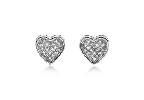 Sterling Silver Rhodium Plated Zirconia Pave Set Heart Stud Earrings