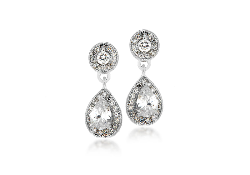 Sterling Silver Rhodium Plated Zirconia  Teardrop Earrings