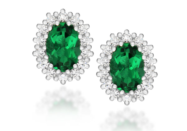 Sterling Silver White Zirconia  and Green Crystal Cluster Oval Stud Earrings