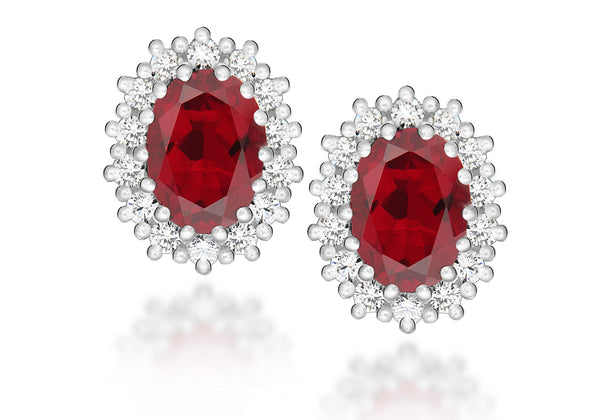 Sterling Silver White Zirconia  and Red Crystal Cluster Oval Stud Earrings