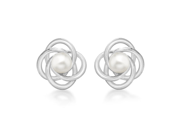 Sterling Silver Freshwater CCultured Pearl Four-Ring Knot Stud Earrings