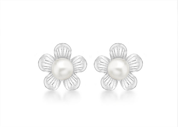 Sterling Silver Flower and Pearl Stud Earrings