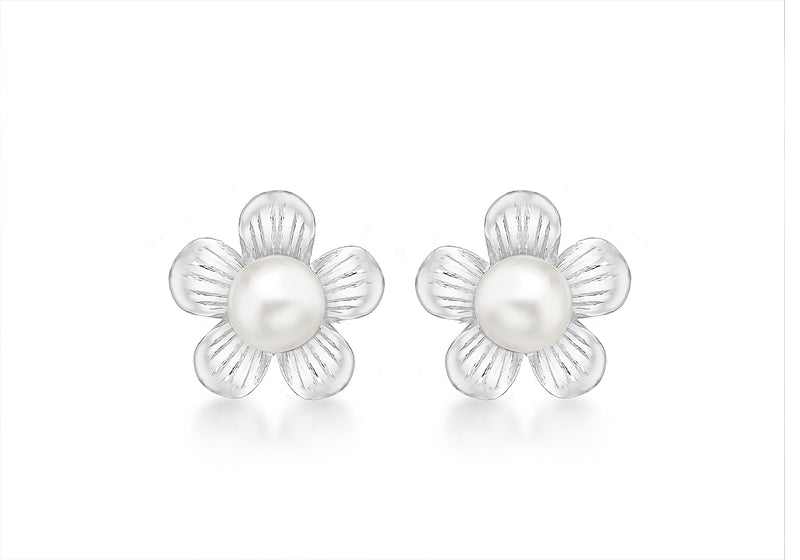 Sterling Silver Flower and Pearl Stud Earrings