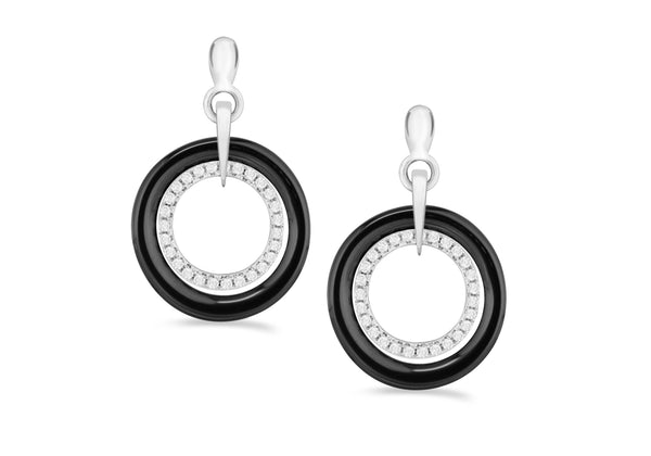 Sterling Silver Rhodium Plated Pave Set Zirconia and Black Ring Earrings