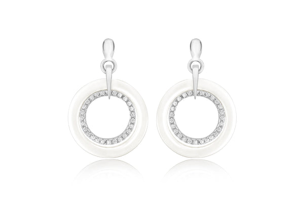 Sterling Silver Rhodium Plated Pave Set Zirconia  and White Ring Earrings