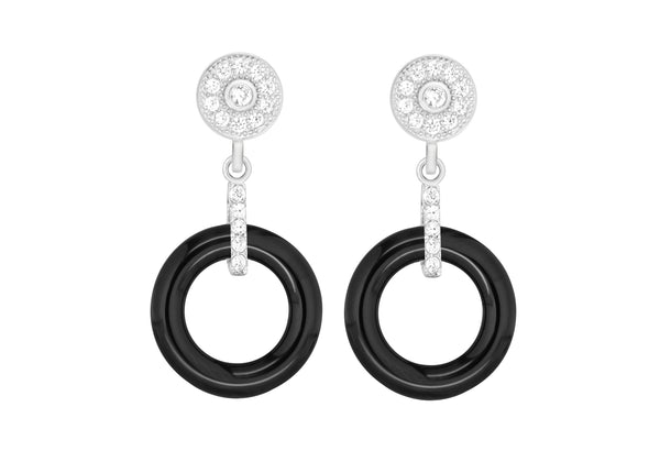 Sterling Silver Rhodium Plated Black Ceramic Zirconia Cluster Drop Earrings