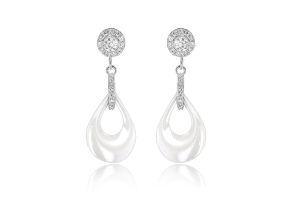 Sterling Silver Rhodium Plated White Ceramic Round Zirconia  Teardrop Earrings