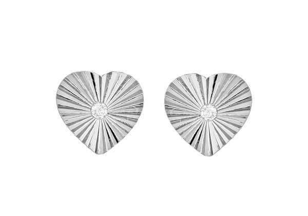 Sterling Silver Small Sunray Diamond Cut Zirconia  Heart Stud Earrings