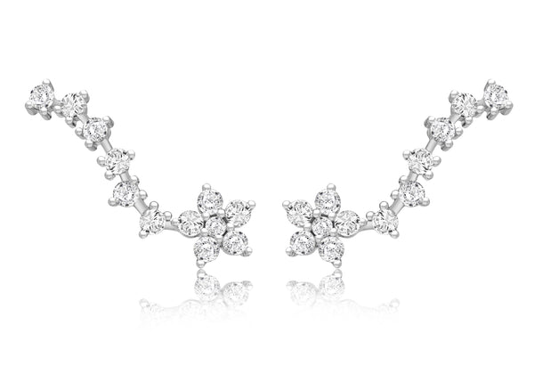 Sterling Silver Rhodium Plated Zirconia Flower Comet Crawler Earrings