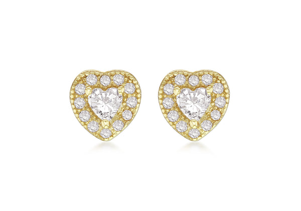 Sterling Silver Yellow Gold Plated Zirconia  Set Heart Stud Earrings