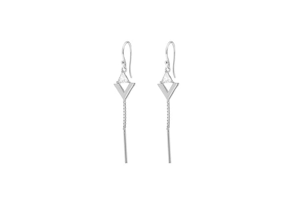 Sterling Silver Rhodium Plated Zirconia  Triangle and Chain Drop Earrings