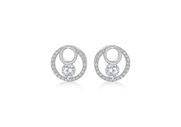 Sterling Silver Rhodium Plated Zirconia  Stone Set Double-Circle Earrings