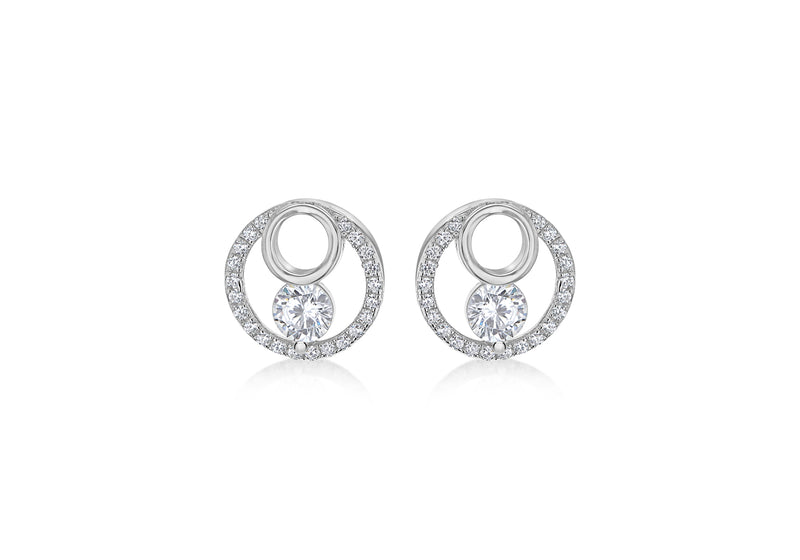 Sterling Silver Rhodium Plated Zirconia  Stone Set Double-Circle Earrings