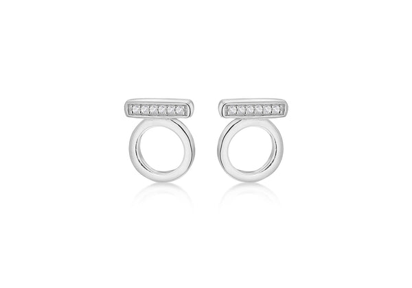 Sterling Silver Rhodium Plated White Zirconia  Set Circle & Bar Stud Earrings