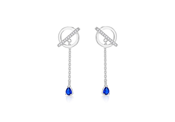 Sterling Silver Rhodium Plated White and Blue Zirconia  Set Circle Bar & Chain Drop Earrings