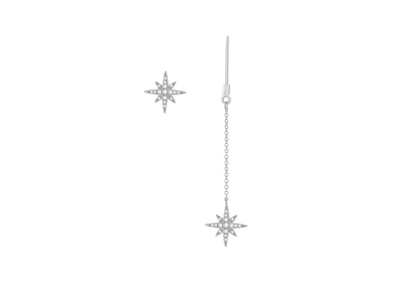 Sterling Silver Rhodium Plated Zirconia  Set Star Chain Drop Stud Earrings